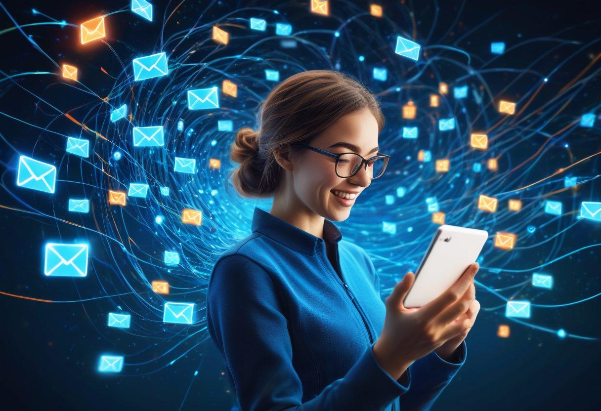 An eye-catching illustration of a person joyfully interacting with a vibrant digital interface, showcasing various email icons and messages swirling around them. The background features colorful digital elements symbolizing connectivity and communication, reflecting the ease and joy of using Optus email services. Add a touch of modern technology with glowing circuits and a bright blue theme. super-realistic. vibrant colors. 3D.