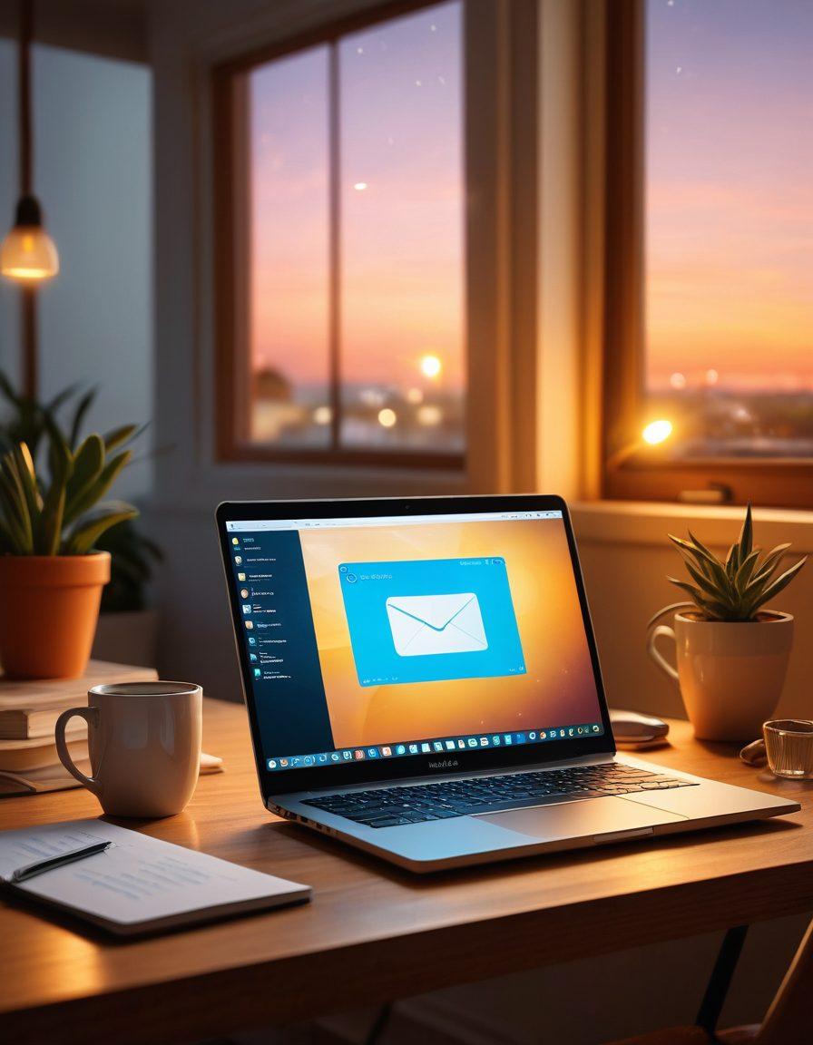 A serene workspace featuring a glowing laptop screen with the Optus Webmail interface open, surrounded by coffee cups and notepads. A person is smiling while typing, with glowing notifications symbolizing improved communication around them. Soft natural light filters in through a window, enhancing the warm atmosphere. Add elements of connectivity like floating email icons and subtle tech motifs. super-realistic. vibrant colors. soft focus.