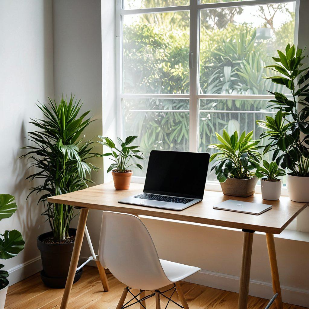 A serene workspace featuring a bright, modern desk with a laptop open to the Optus Webmail interface, surrounded by lush plants and a steaming cup of coffee. Rays of sunlight stream in through a window, illuminating the joyful expression on a person using the laptop, capturing a sense of peace and productivity. The scene is enhanced with vibrant colors and a minimalist aesthetic. super-realistic. bright colors. 3D.